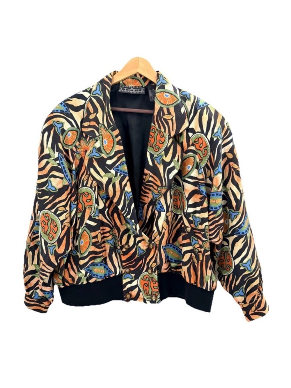 Vintage 80s Colorful Double Breasted Silk Jacket With Padded Shoulders Womens 1X